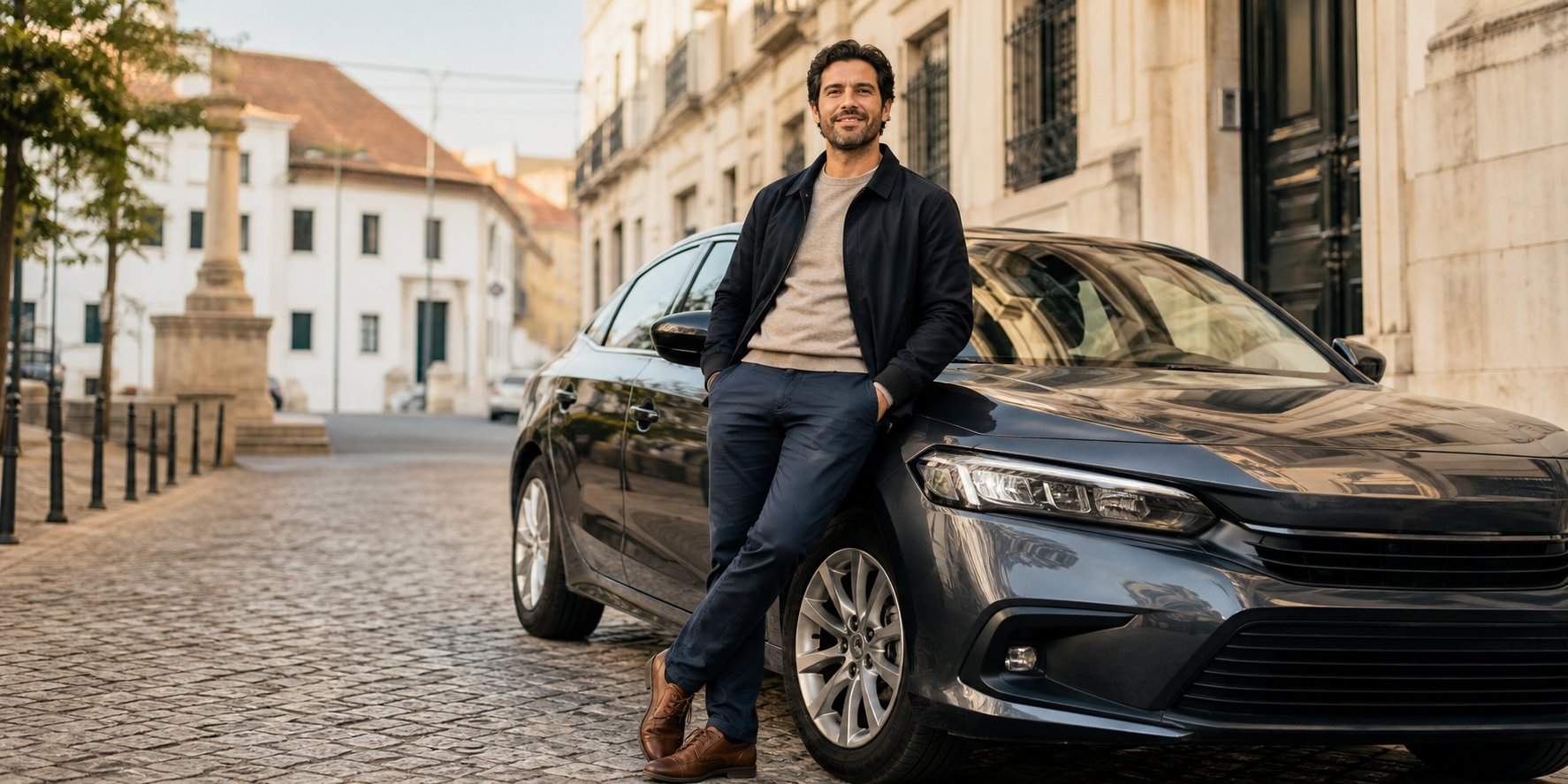 Motorista TVDE junto a uma viatura numa rua urbana portuguesa